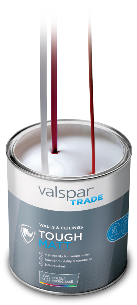 Paint pigments pouring into a can of Valspar Trade Tough Matt.